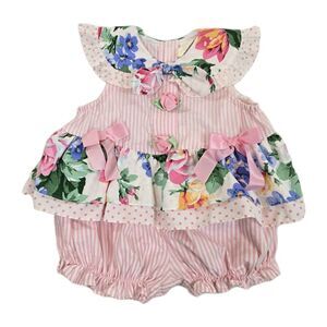 Vtg Floral Ruffle Romper Baby Girls 12 Months Pink Stripe Bows One Piece Outfit